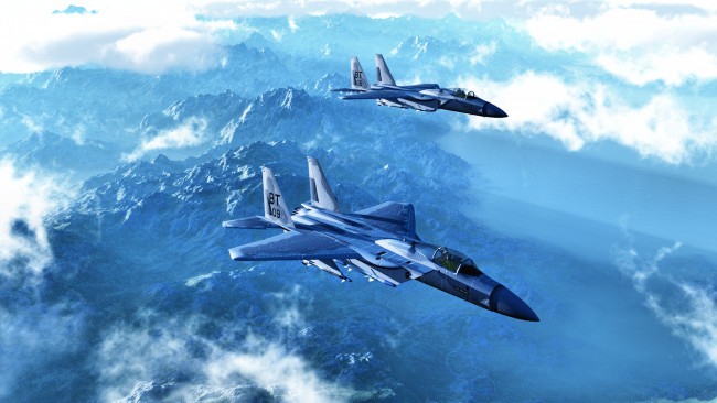 Обои картинки фото авиация, 3д, рисованые, graphic, горы, облака, f-15a, истребитили