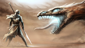 Картинка фэнтези драконы горящие глаза пасть песчаная буря рептилия копье воин