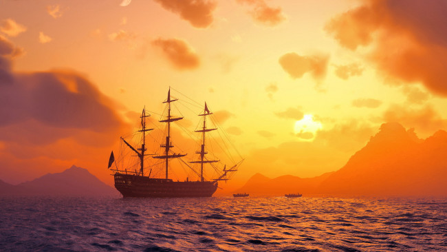 Обои картинки фото корабли, парусники, парусник, облака, закат, море