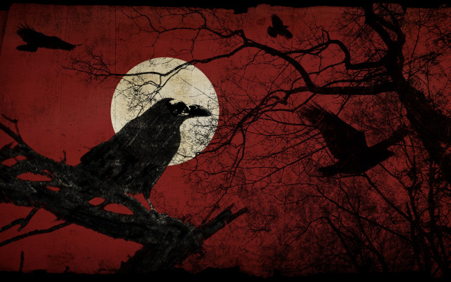 Обои картинки фото фэнтези, другое, луна, ночь, дерево, вороны