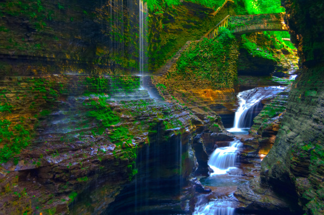 Обои картинки фото watkins, glen, waterfall, природа, водопады, каньон, мост, водопад