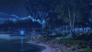 Картинка рисованные природа озеро ночь дом деревья