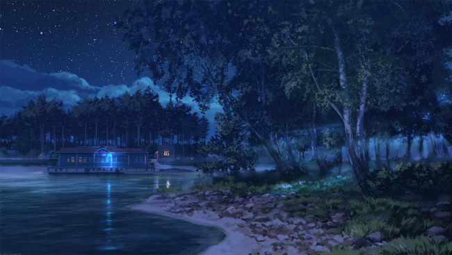 Обои картинки фото рисованные, природа, озеро, ночь, дом, деревья