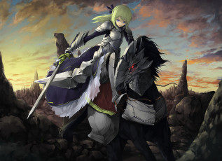 Картинка аниме fate stay+night арт tyappygain stay night saber девушка лошадь меч оружие скалы броня