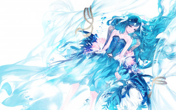Картинка аниме *unknown+ другое белый фон синее платье девушка арт шторы кресло цветы нимб