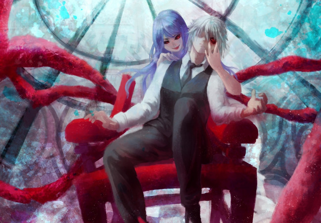 Обои картинки фото аниме, tokyo ghoul, tokyo, ghoul, noodles, арт, улыбка, парень, девушка, kamishiro, rize, kaneki, ken