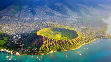Картинка города -+панорамы море кратер сша гавайи остров оаху
