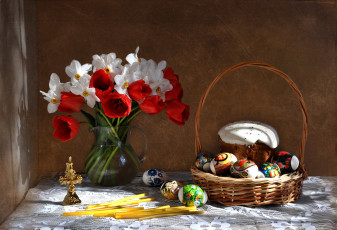 Картинка праздничные пасха весна тюльпаны натюрморт праздник кулич композиция нарциссы цветы апрель букет
