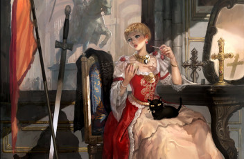 Картинка фэнтези девушки девушка оружие замок котик крест меч зеркало арт фрагмент леди