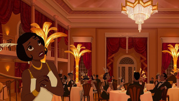 Картинка мультфильмы the+princess+and+the+frog стол девушка люстра люди негритянка ресторан