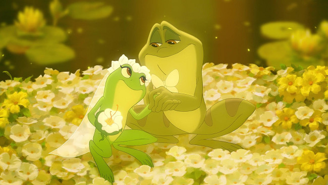 Обои картинки фото мультфильмы, the princess and the frog, бабочка, фата, цветы, лягушка