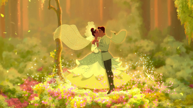 Обои картинки фото мультфильмы, the princess and the frog, цветы, поцелуй, свадьба, парень, девушка, принц, фата