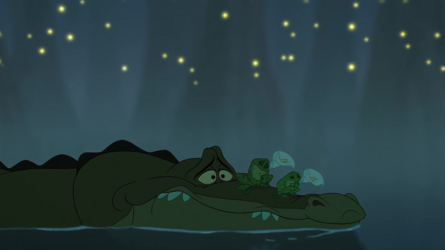 Обои картинки фото мультфильмы, the princess and the frog, лягушка, крокодил, огонек, водоем, цветы