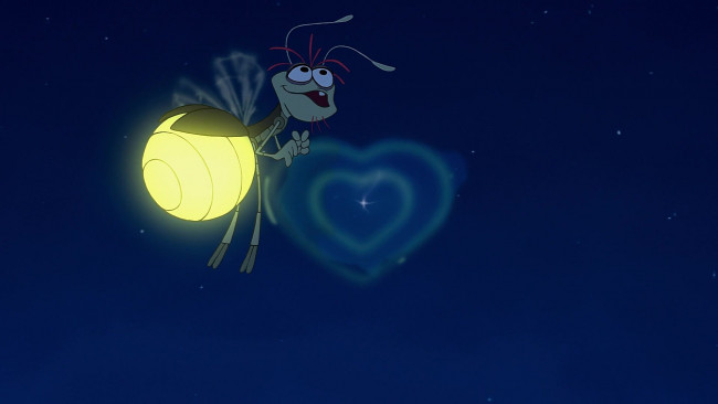 Обои картинки фото мультфильмы, the princess and the frog, ночь, звезды, светлячок, сердце