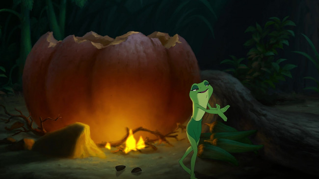Обои картинки фото мультфильмы, the princess and the frog, огонь, костер, тыква, лягушка
