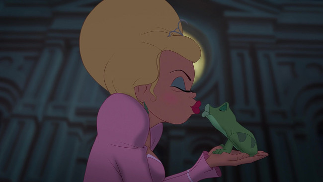 Обои картинки фото мультфильмы, the princess and the frog, принцесса, девушка, поцелуй, лягушка
