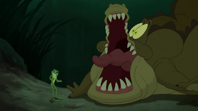 Обои картинки фото мультфильмы, the princess and the frog, растение, лягушка, крокодил
