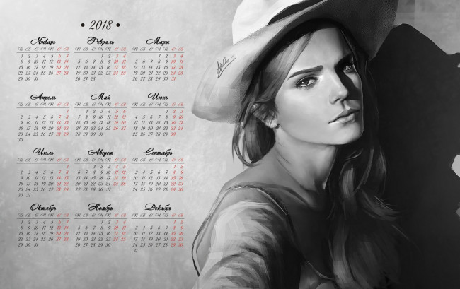 Обои картинки фото emma watson, календари, рисованные,  векторная графика, шляпа, девушка, взгляд