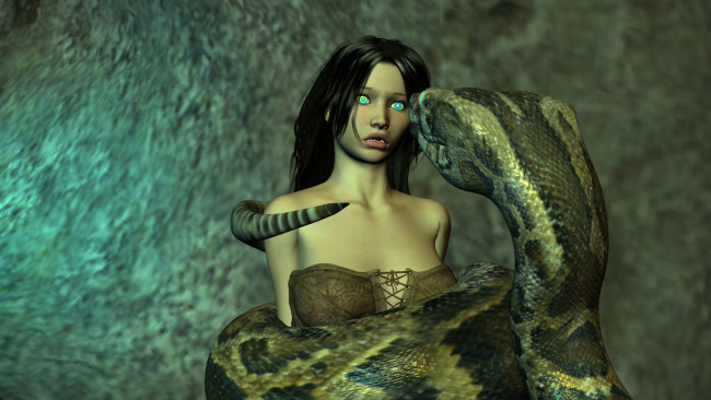 Обои картинки фото 3д графика, фантазия , fantasy, взгляд, девушка, змея, фон
