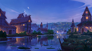 Картинка рисованное денис+истомин город дома река лодка