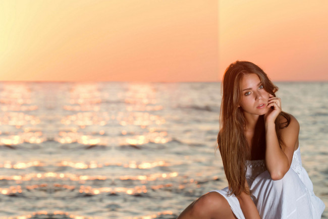 Обои картинки фото девушки, анастасия пантелеева , lily c,  raisa,  natalia e,  lily chey, море, закат, белое, платье