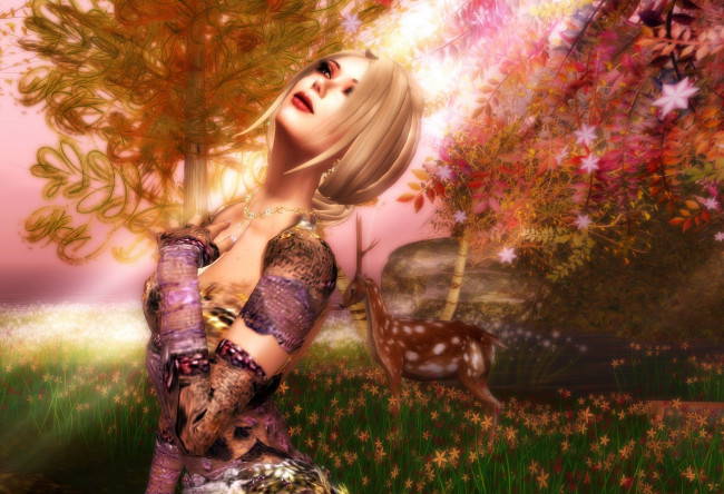 Обои картинки фото 3д, графика, fantasy, фантазия, девушка, лес, осень, олень, блондинка