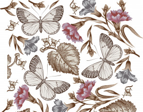 Картинка векторная+графика цветы листья лепестки бабочки фон