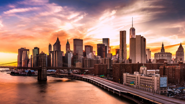 Обои картинки фото города, нью-йорк , сша, нью-йорк, небоскребы, реки, дорога, сумерки