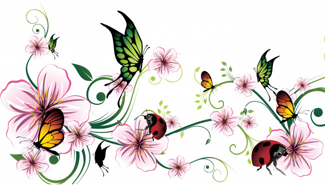 Обои картинки фото векторная графика, цветы, фон, бабочки