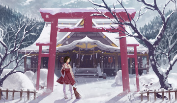 Картинка аниме зима +новый+год +рождество haraguroi you арт девушка дом деревья метла