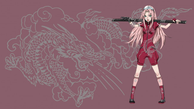 Обои картинки фото аниме, naruto, дракон, фон, меч, haruno, sakura, сакура, shippuden