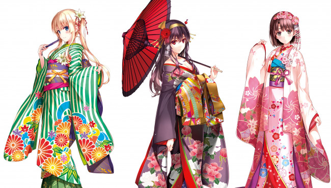 Обои картинки фото аниме, unknown,  другое, девушки, взгляд, фон, кимоно, зонтик