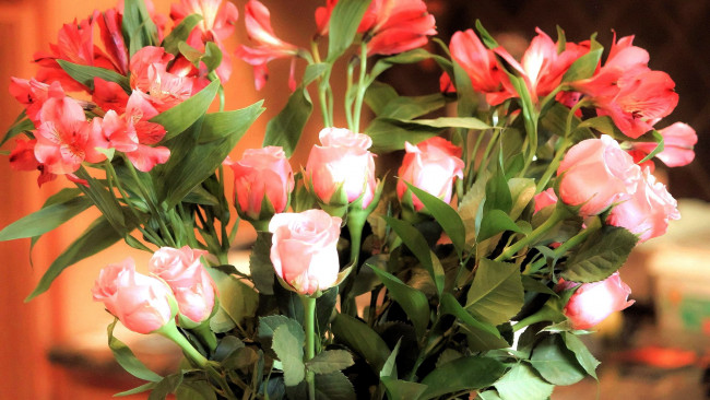 Обои картинки фото цветы, разные вместе, бутоны, розы, альстромерия