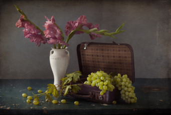 Картинка еда виноград гладиолусы цветы ваза чемодан