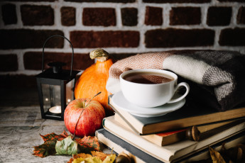 Картинка еда напитки +Чай осень листья яблоко тыква книги чай напиток