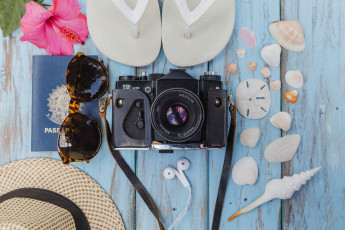 Картинка разное одежда +обувь +текстиль +экипировка фон ракушки цветок шляпа очки море гибискус отдых фотоаппарат сланцы
