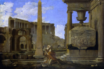 Картинка рисованное живопись город обелиск отшельник молящийся среди руин картина жан лемер