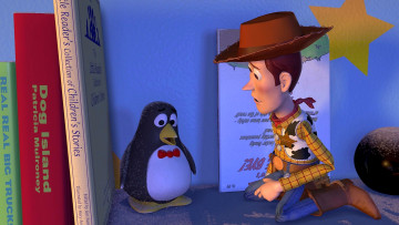 обоя мультфильмы, toy story 2, книга, игрушка, пингвин, ковбой