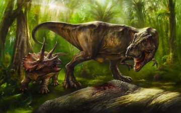 Картинка рисованное животные +доисторические лес динозавры