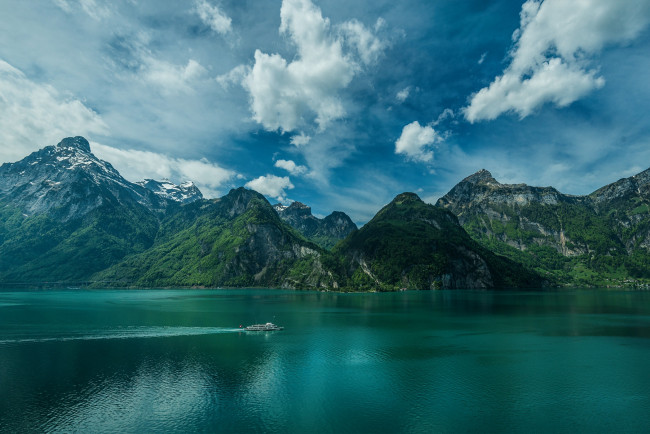 Обои картинки фото природа, реки, озера, теплоход, горы