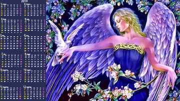 обоя календари, фэнтези, девушка, крылья, птица, голубь, цветы