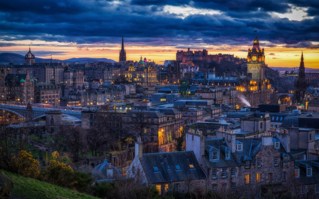 Обои картинки фото города, эдинбург , шотландия, панорама, вечер, огни