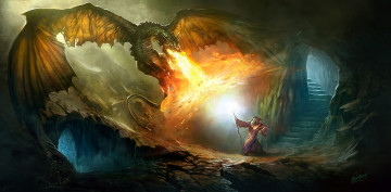 Картинка фэнтези драконы лестница огнедышащий дракон колдун маг пещера огонь волшебник