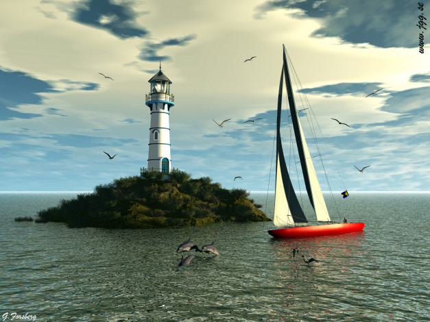 Обои картинки фото 3д, графика, sea, undersea, море, дельфины, парусник, маяк