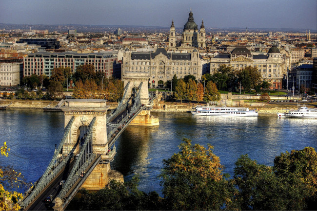 Обои картинки фото будапешт, венгрия, города, мост, река, купол, корабли