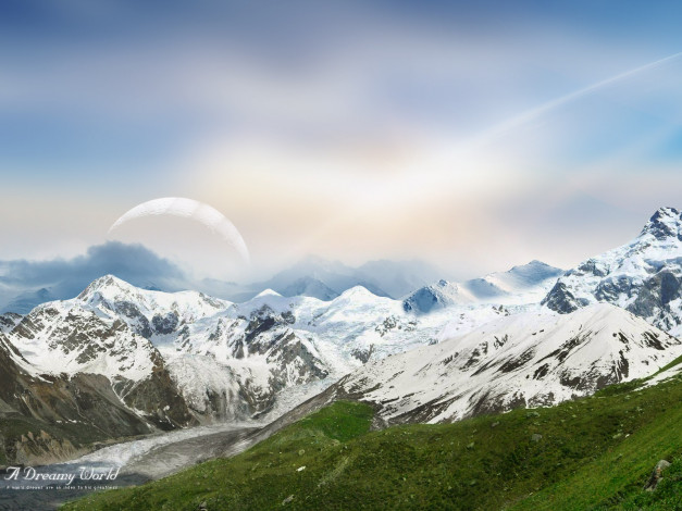 Обои картинки фото разное, компьютерный, дизайн, снег, горы, облака, планета