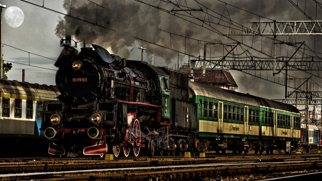Обои картинки фото train, техника, паровозы, рельсы, вагоны, паровоз, станция, дым