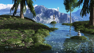 Картинка 3д графика nature landscape природа гряда горы вид ручей камень девушка рендер камушки пирамидка башня деревья река