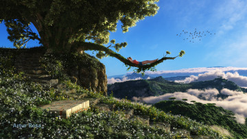 Картинка 3д графика nature landscape природа рендер дерево девушка ветка лежа вид горы облака птицы ступеньки