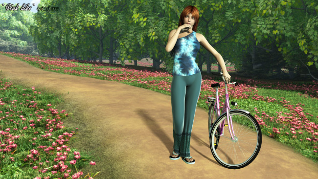 Обои картинки фото 3д, графика, people, люди, парк, цветы, велосипед, деревья, алея, девушка